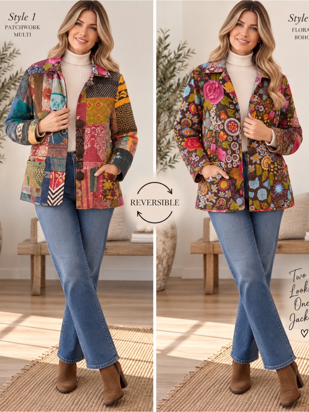 Karma Living Reversible Kantha Patchwork Jacket Boho Quilted Button Front